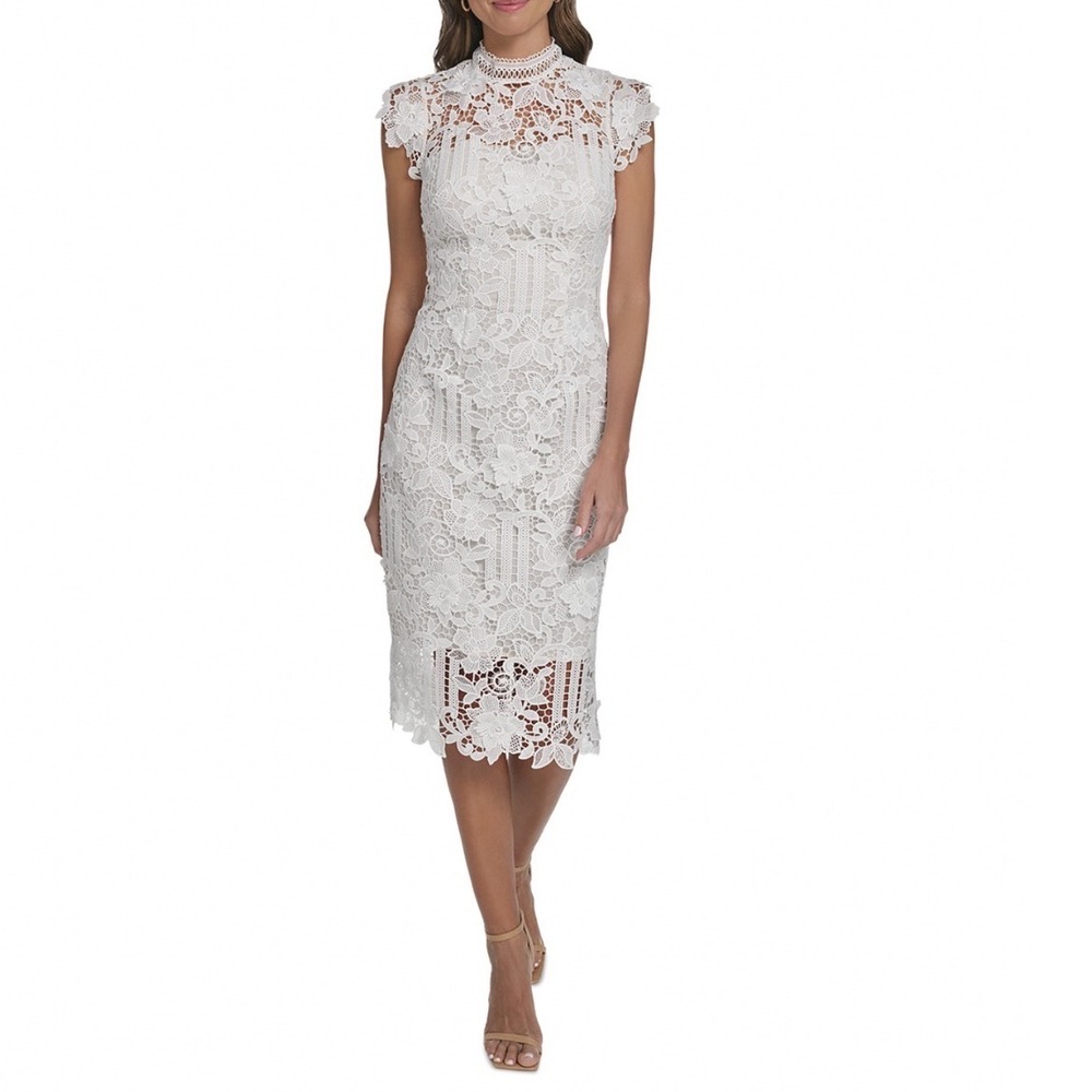 Eliza J Ivory Floral Lace Mock Neck Sheath Dress Size 10 EJ6M4343